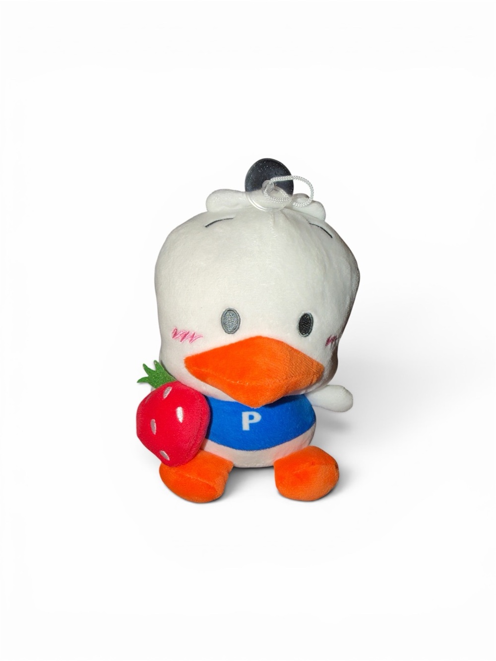 Sanrio Duck Plush Character Stuffed Animal, White Orange Blue, Strawberry